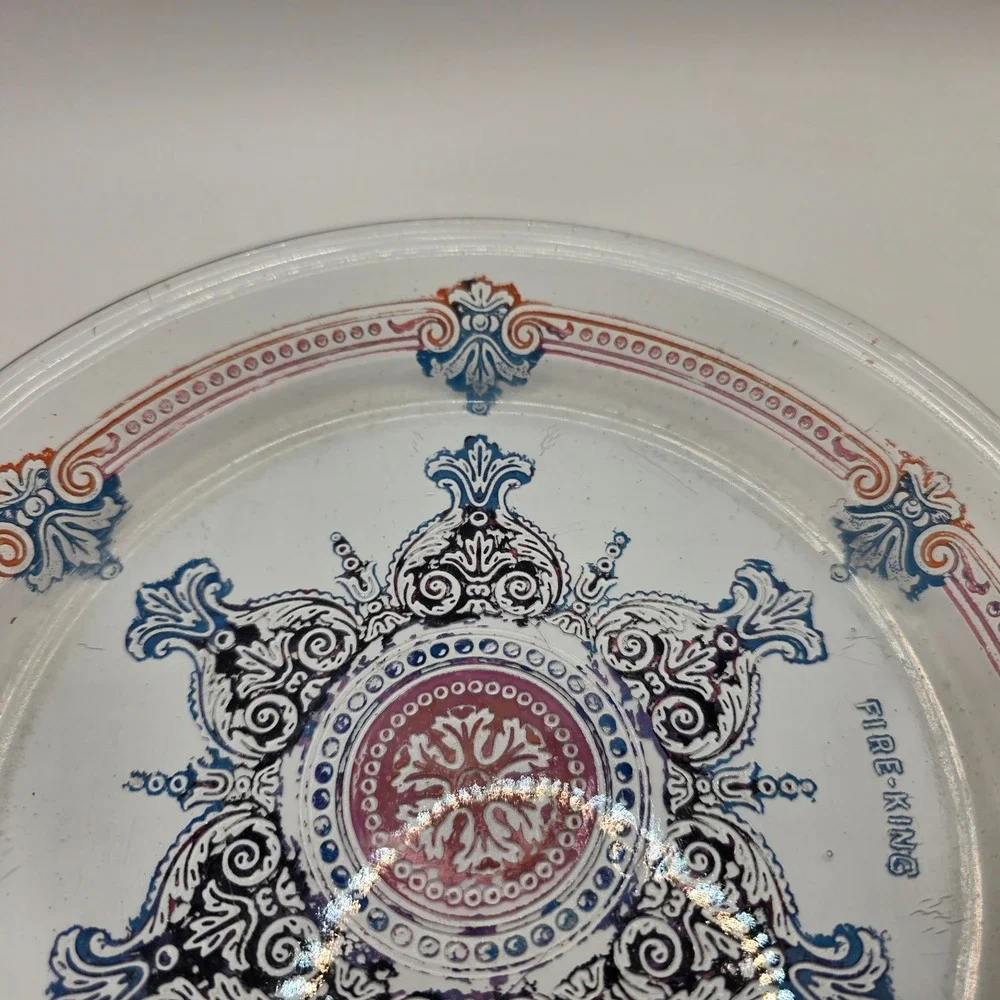 Vintage Fire-King Clear Glass Medallion Plate‎ Blue Red Scroll Pattern 9 inch